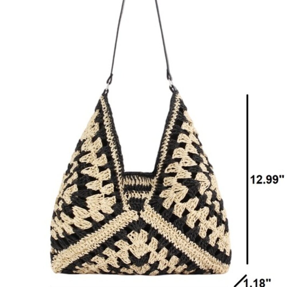 Vintage Woven Straw Crochet Bucket Shoulder Bag Black - Picture 4 of 4